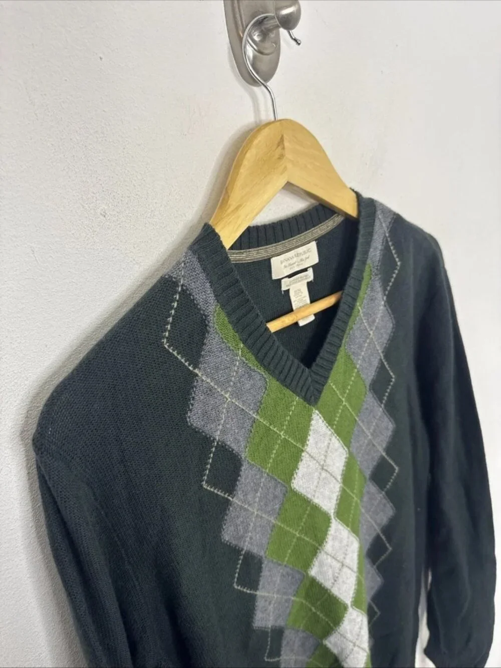 Banana Republic Cashmere Angora‎ Blend Mens Medium Argyle V-Neck Sweater Green